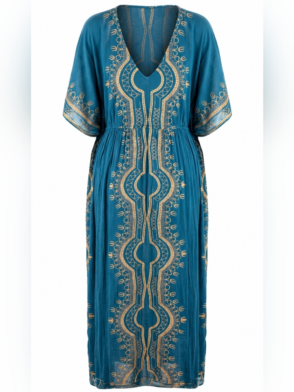 Earthbound Trading Co Boho Printed Maxi Dress XL-4X Teal Gold Caftan Festival